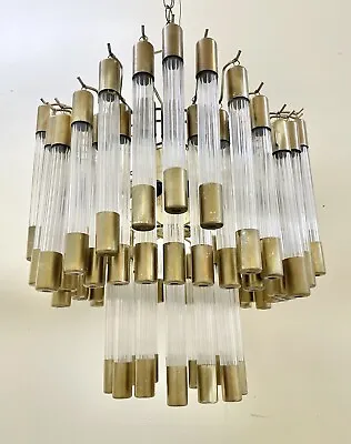 Mid Century GAETANO SCIOLARI Brass & Lucite Cylinder Rod LIGHTOLIER Chandelier • $550