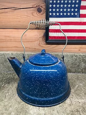 VTG Enamelware Blue Speckled Camping Coffee Tea Pot Water Kettle Farmhouse • $12.95