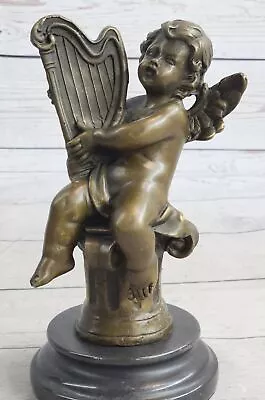 Cherub Angel Playing The Harp Bronze Sculpture Hot Cast Hand Made Statue Artwork • $129.50