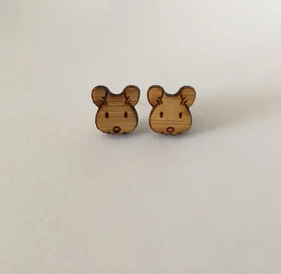 Mouse Face Stud Earrings Surgical Stainless Steel Laser Cut Bamboo 11mm Cute • $7