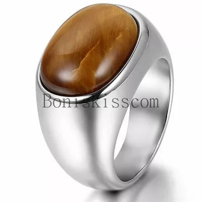 Men's Solid Heavy Stainless Steel Manmade Tiger's Eye Ring Size 910111213 • $11.99