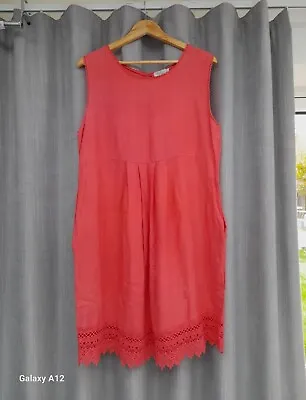 Blu Orchid Coral Linen Dress Lace Hem Lagenlook Made In Italy Size L 14 16 VGC • £7.95