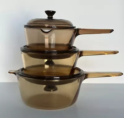 Vision Ware Amber Pyrex Pots Pans 6 Pc 1L 1.5L 2.5L  Set • $65