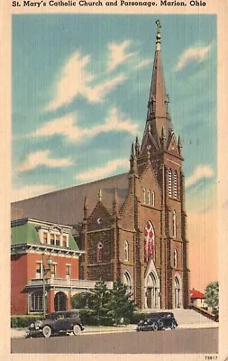 Postcard OH Marion St Mary's Catholic Church & Parsonage 1945 Vintage PC F2642 • $3