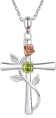$68.99 • Buy Cross Necklace 925 Sterling Silver Birthstone Rose Pendant Peridot For Women