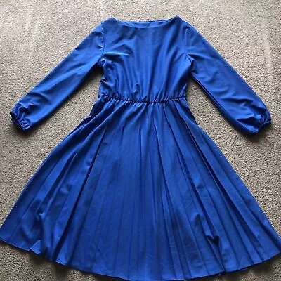 Vintage Royal Blue Dress Polyester Women's 16 Pleated Skirt Puffed Sleeves Thin • $39.99