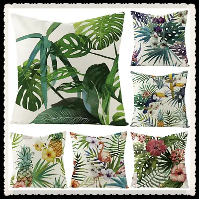 Floral Garden Tropical Cushion Cover Green Leaves Linen Throw Pillow Case Flower • £3.86