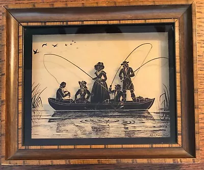 1930s SILHOUETTE Art FISHING PARTY By C & A Richards Boston 59656 Framed • $14