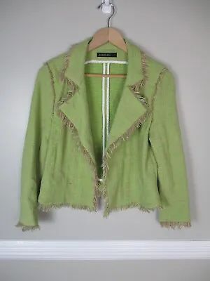 Marc Cain Womens 4 Lime Green Khaki Tweed Open Front Blazer Suite Jacket Cotton • $24.99