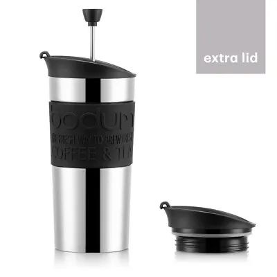 BODUM Travel Press Mug Coffee Maker W/Extra Lid Vacuum SS 350ml Black RRP$54.95 • $49.95