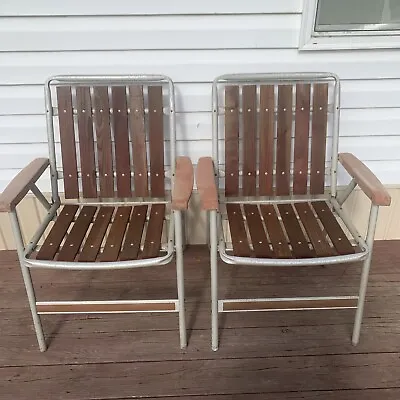 Vintage Red Wood 6 Slat Lawn Chair Aluminum Folding Lawn Deck Patio Beach • $74.99