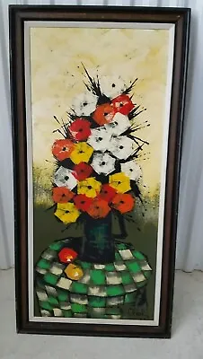 Mid Century Modern Still Life Flower Fruit On Table Oil Painting Signed Framed • $195
