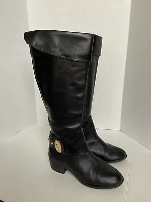 Vince Camuto Beatrix Boots Knee High Black Leather Riding Shoes Sz 8 Womens Gold • $70