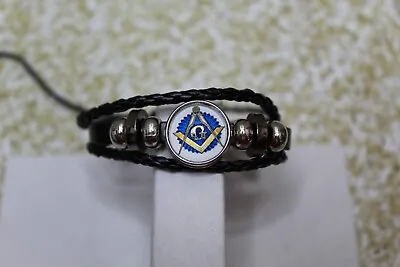 Masonic Blue Glass Concealed Clasp PU Leather Bracelet ADJ. SEE ALL PICS NEW • $9.25