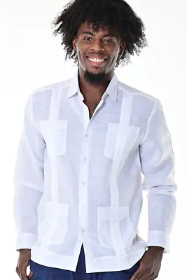 Bohio Soft 100% Linen Guayabera Shirt For Men -White Traditional 4 Pocket MLS401 • $59.99