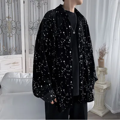 Men Silky Shirt Glitter Star Sky Printed Long Sleeve Top Gothic Party Club Chic • £21.17