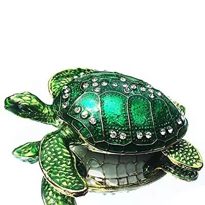  Sea Turtle Crystal Studded Pewter Jewelry Trinket Box Bejeweled Hand Green • $29.66