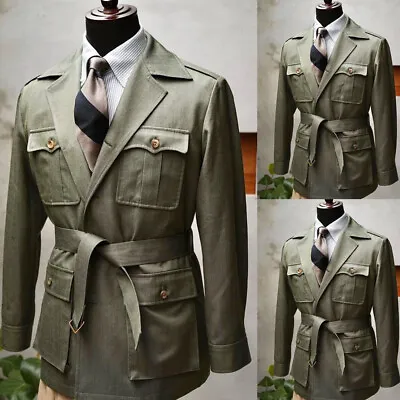 Army Green Men's Linen Safari Jacket With Belt Outdoor Casual Coat Pant Tailored • $86.05