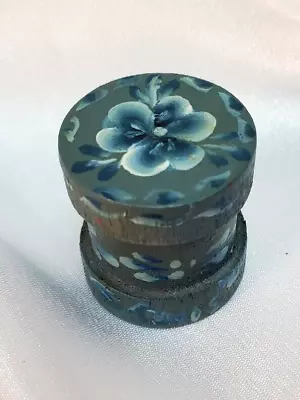 Hand Painted Wooden Spool Of Thread Blue With Flowers 1 Inch Decorative • $4.99