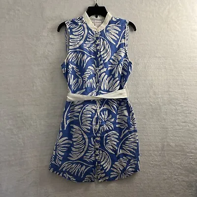 Island Company Linen Tanzania Dress Womans Medium Floral Blue Sleeveless Buttons • $14