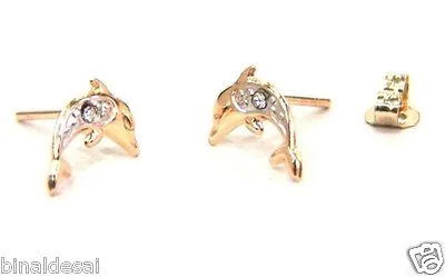 9ct Gold Crystal Pave Dolphin Studs Earrings Girls Kids B'day X'mas GIFT BOX 9K • £18.99