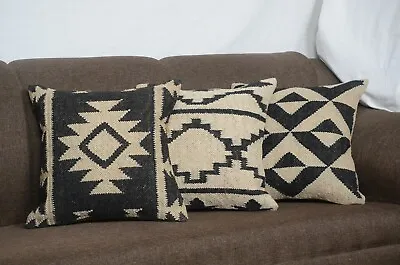 $55.99 • Buy Indian 18  Set 3 Wool Jute Kilim Cushion Cover Hand-woven Throw Pillow Boho Sham
