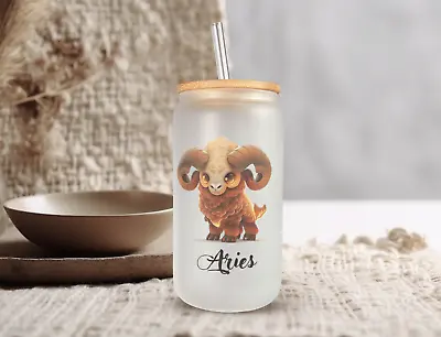 ARIES Zodiac Sign Frosted Glass Can With Bamboo Lid 16 Oz Glass Cup By Mugzan • $17.99