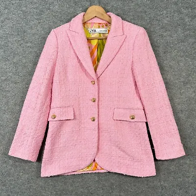ZARA Textured Tweed Blazer Size XS Womens Pink Gold Button Up Jacket Bloggers • $101.05