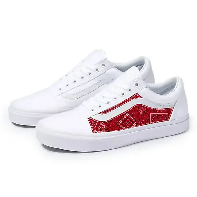 Vans White Old Skool X Red Bandana Pattern Custom Handmade Shoes By Patch Collec • $303.81