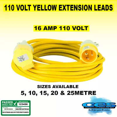 110v Yellow Extension Lead Site Power Lights Tools Hook Up Plug & Socket 5-25m   • £3.85