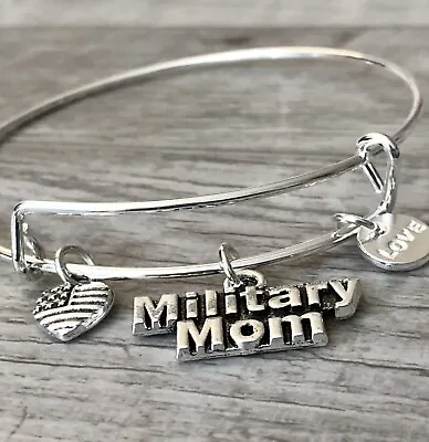 US Military Mom Freedom Flag Eagle Silver Charms Expandable Bangle Bracelet  • $4.50