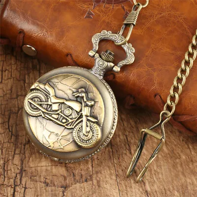 Men's Vintage Pocket Watch Retro Chain 3D Motorcycle Full Hunter Quartz Watches • $4.64