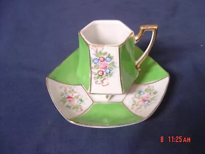 Made In Japan Miniature Three Footed Floral Green An Gold Cup/saucer  Vintage • $19.99