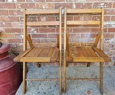Vintage Wooden Slat Seat Folding Chairs Solid Oak Set Of 2  #16 THE STANDARD MFG • $41.99