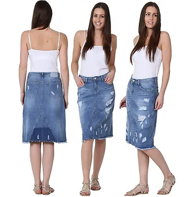 New Ladies Womens Ripped Denim Jeans Skirt Long Midi Boho Pencil Knee Length • £10.99