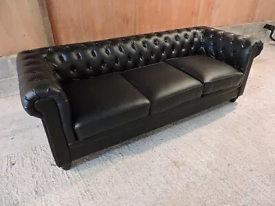 Chesterfield 3 Seat Sofa In Black Faux Leather Excellent Condition • £240