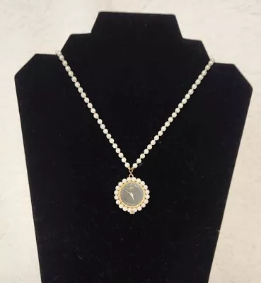 Vintage Ladies Colibri Pendant Watch Pearl Dial Gold Case Pearl Chain • $15.99