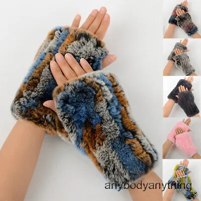 Women's Real Rex Rabbit Fur Fingerless Knitted Elastic Gloves Mittens Wrist Warm • $19.99