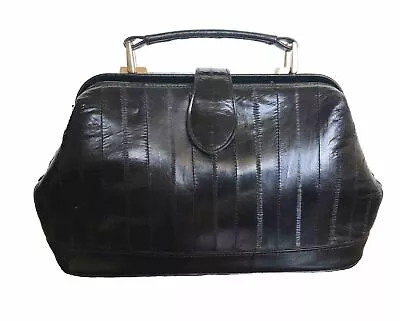 VINTAGE EEL SKIN DOCTOR STYLE HANDBAG-1970s Black Leather Handbag Satchel NICE! • $30