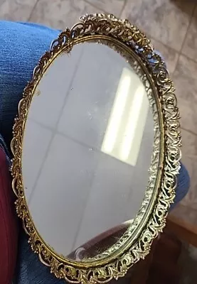 Vintage Gold Metal Dresser Tray Mirror Oval Perfume Vanity  • $20