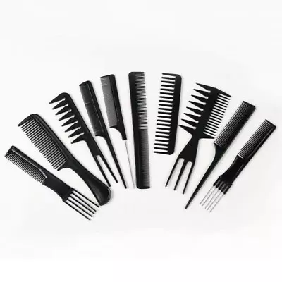 10 Piece Hair Styling Comb Set Professional Black Hairdressing Brush Barbers • £4.55