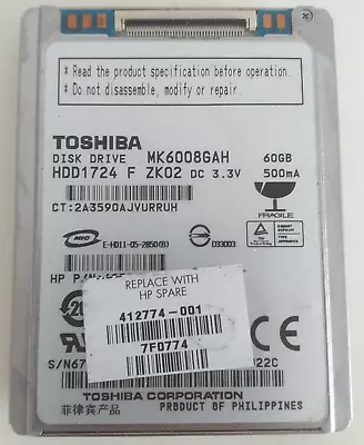 TOSHIBA 1.8  MK6008GAH 60GB HDD FOR DELL Latitude IPod Classic Hard DISK DRIVE • £12.34