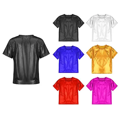 Girls Boys Metallic T-Shirt Round Neck Short Sleeve Shiny Party Dance Tee Shirts • $6.43