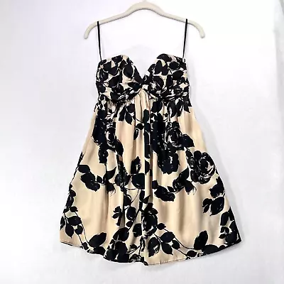 Milly Dress Women 2 Black Cream 100% Silk Strapless Floral Mini Coquette NEW • $34