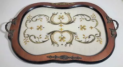 Vintage Mahogany Double Handled Embroidered Silk Tray C 1950 • $45.04