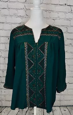 MM Couture Top Women's Medium Green Gold Beaded Art Embroidered V-Neck Blouse • $12.79