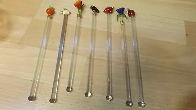 7x  Vintage Long Glass Swizzle/Cocktail Sticks. Fruit.  Fish . 2c • £20