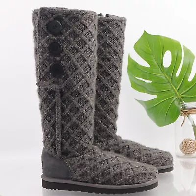 UGG Women's Cardy Boot Size 8 Lattice Knit Tall Pull On Gray Fabric Slouch Comfy • $62.88