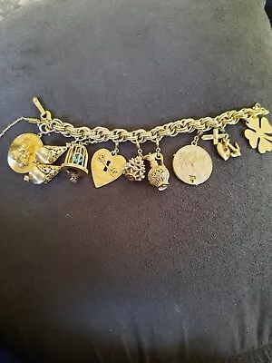 Vintage Monet Double Curb Link Charm Bracelet 9 Charms 7 5/8 L Gold Tone • $75