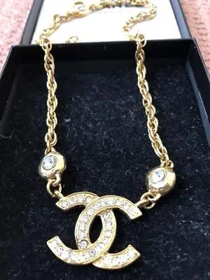 $1271.36 • Buy CHANEL Necklace Rhinestone CC Logo Coco Pendant Gold Plated Vintage With Box